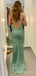 Mermaid Green Sequins V-neck Long Evening Prom Dresses, Custom Spaghetti Straps Prom Dress, MR8811