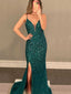 Mermaid Dark Green Beaded Spaghetti Straps Long Evening Prom Dresses, Cheap Prom Dress, MR7806