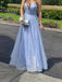 Spaghetti Straps Blue A-line Long Evening Prom Dresses, Custom Popular Prom Dress, BGS0417