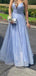 Spaghetti Straps Blue A-line Long Evening Prom Dresses, Custom Popular Prom Dress, BGS0417