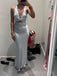 Unique Silver Grey Satin Mermaid Long Evening Prom Dresses, Deep V-neck Prom Dress, MR0007