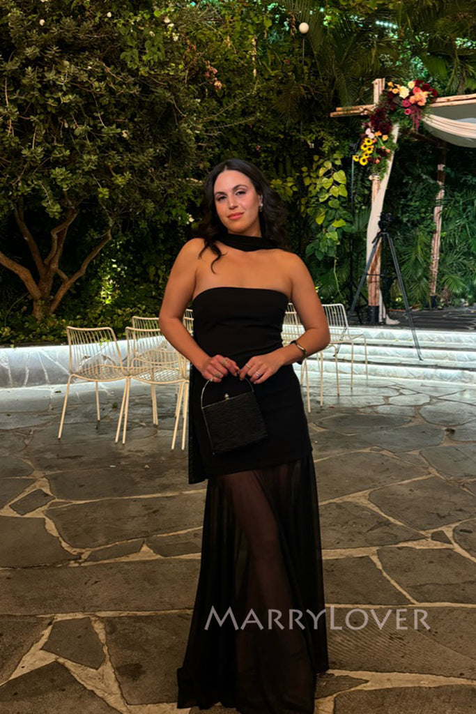See Through Black Chiffon Strapless Long Evening Prom Dresses, MR0009