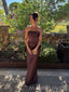 Brown Satin Mermaid Strapless Long Evening Prom Dresses, MR0030