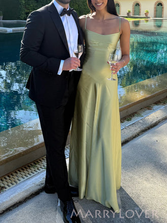 Lovely Green Satin Spaghetti Straps Long Evening Prom Dresses, MR0031