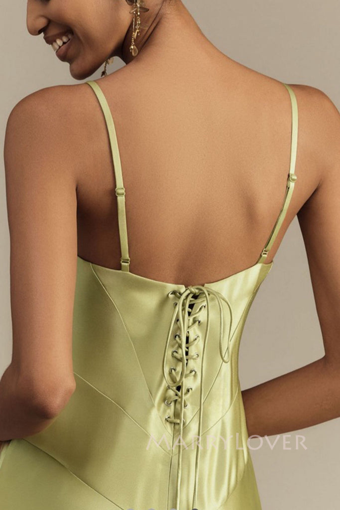 Lovely Green Satin Spaghetti Straps Long Evening Prom Dresses, MR0031