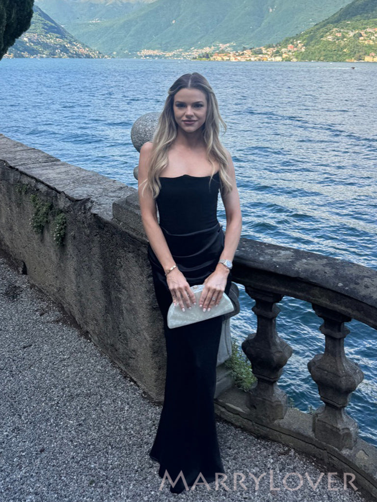 Popupar Strapless Black Satin Mermaid Long Evening Prom Dresses, MR0040