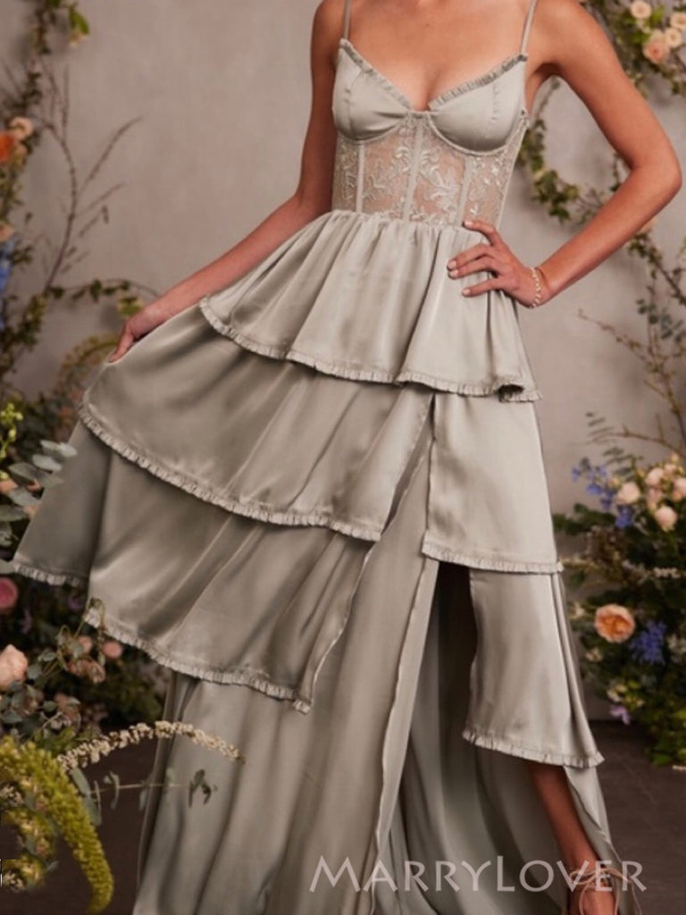 Gorgeous Spaghetti Straps Satin Lace Long Evening Prom Dresses, MR0043