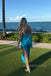 One Shoulder Blue Satin Side Slit Long Evening Prom Dresses, MR0047