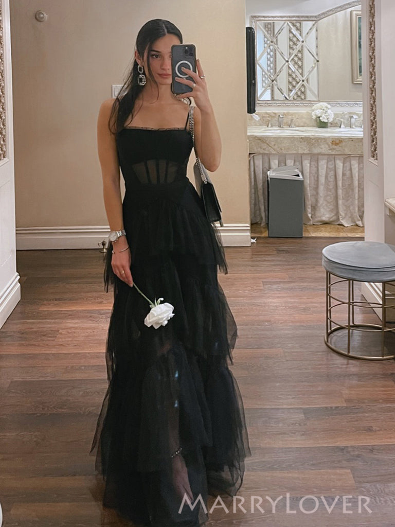 Lovely Blue Tulle Spaghetti Straps Long Evening Prom Dresses, MR0054