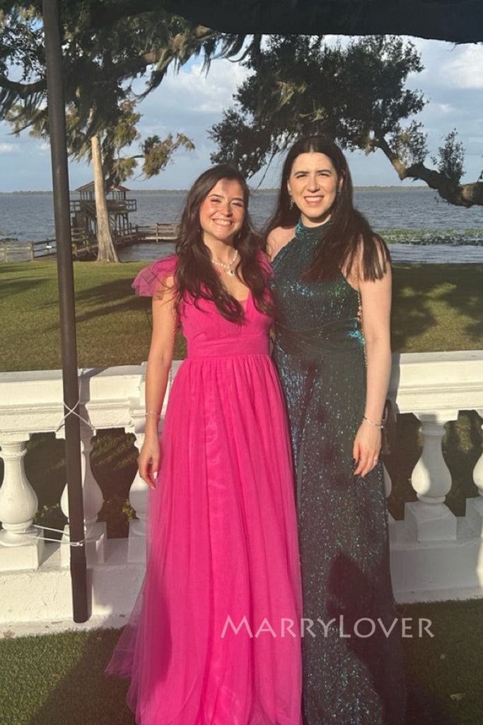 Elegant A-line Tulle Long Evening Prom Dresses, MR0057