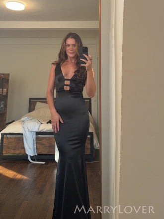 Unique Deep V-neck Black Satin Long Mermaid Evening Prom Dresses, MR0060