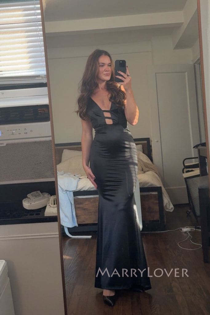 Unique Deep V-neck Black Satin Long Mermaid Evening Prom Dresses, MR0060