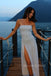 Simple Blue Chiffon Strapless Long Side Slit Evening Prom Dresses, MR0064