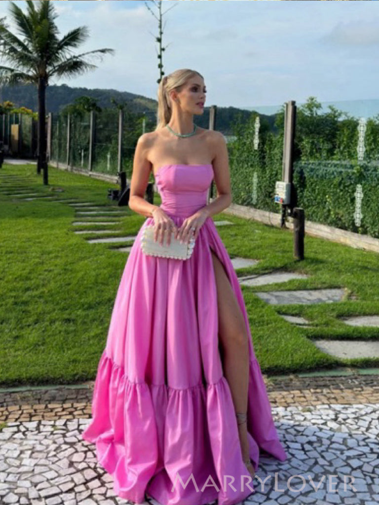 Gorgeous Pink Satin Side Slit Long Evening Prom Dresses, A-line Prom Dress, MR0068