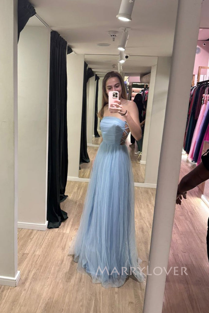 Backless Blue Tulle Strapless A-line Long Evening Prom Dresses, MR0069