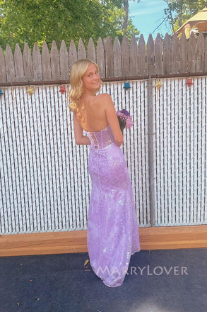 Sweetheart Purple Sequins Mermaid Long Evening Prom Dresses, MR0075