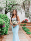 Gorgeous Spaghetti Straps Baby Blue Long Mermaid Evening Prom Dresses, MR0076