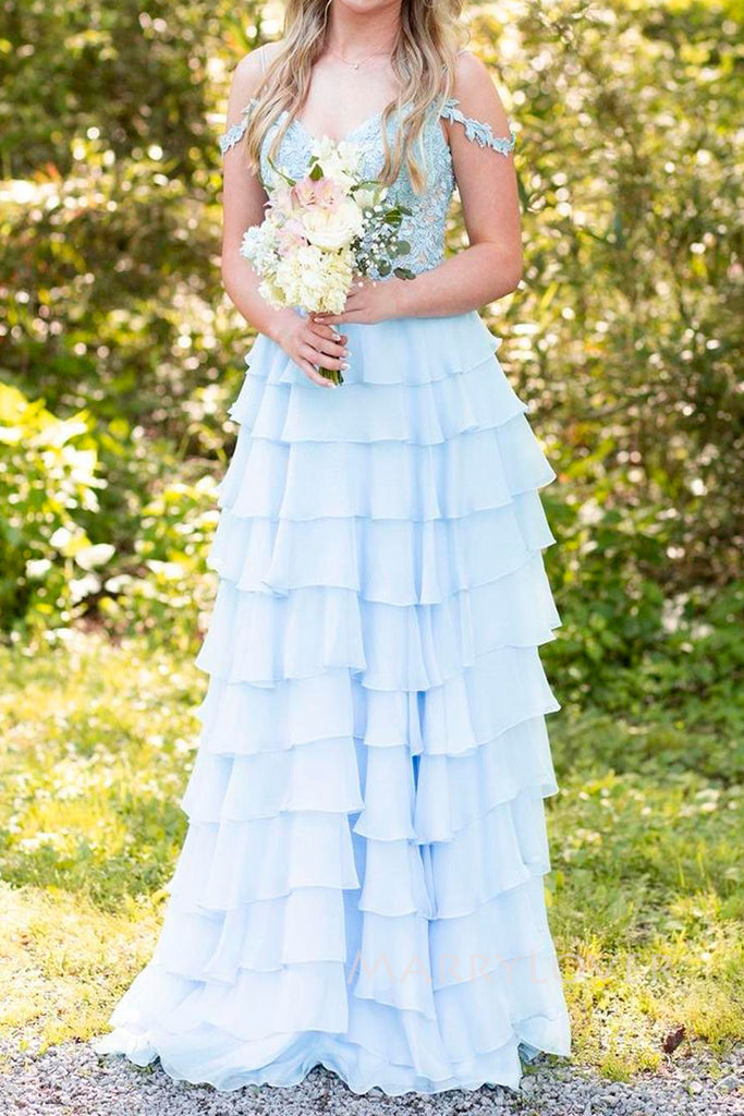 A-line Blue Chiffon Appliques Long Evening Prom Dresses, Side Slit Prom Dress, MR0084