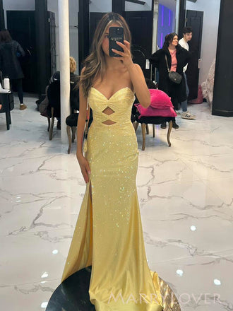 Yellow Sparkly Sweetheart Long Strapless Evening Prom Dresses, Mermaid Prom Dress, MR0085
