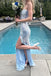 Light Blue Sequins Appliques Mermaid Long Evening Prom Dresses, Spaghetti Straps Prom Dress, MR0090