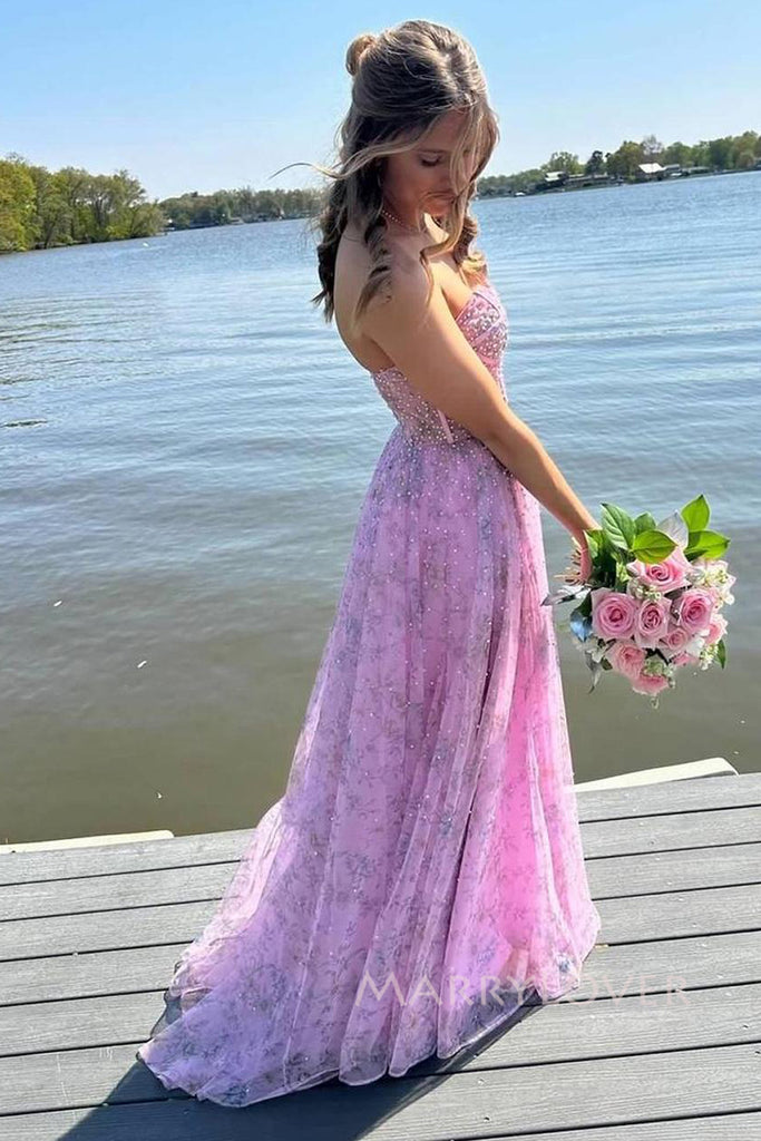 Sweetheart A-line Chiffon Long Evening Prom Dresses, Side Slit Prom Dress, MR0098