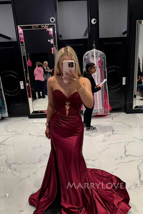 Gorgeous Burgundy Satin Appliques Long Evening Prom Dresses, Sweetheart Mermaid Prom Dress, MR0104