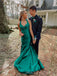 Formal Mermaid Green Satin Long Evening Prom Dresses, V-neck Prom Dress, MR0110