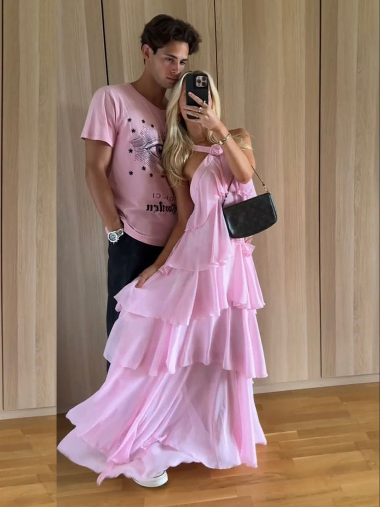 Morden Pink Chiffon Long Evening Prom Dresses, A-line Backless Prom Dress, MR0125
