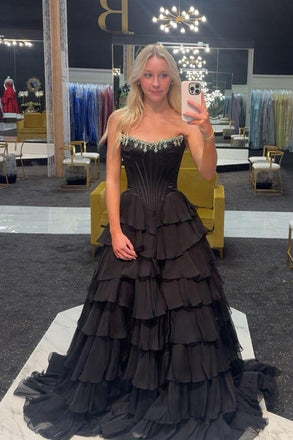 Formal Strapless Black A-line Beaded Long Evening Prom Dresses, MR0136