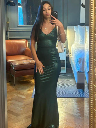 Sheath Dark Green Mermiaid V-neck Long Evening Prom Dresses, MR0138