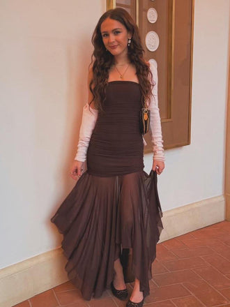 Simple Chocolate Chiffon Long Evening Prom Dresses, Strapless Prom Dress, MR0139