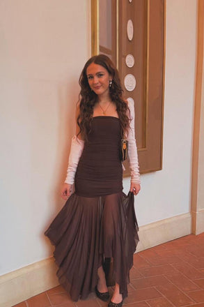 Simple Chocolate Chiffon Long Evening Prom Dresses, Strapless Prom Dress, MR0139