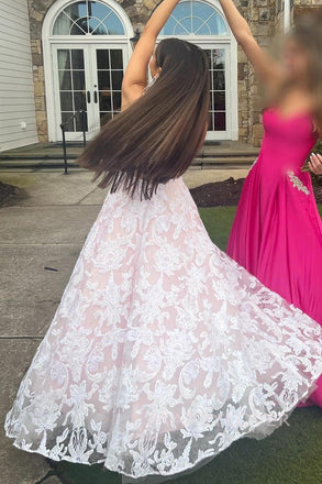 Beautiful White Lace A-line Long Evening Prom Dresses, V-neck Wedding Dress, MR0141