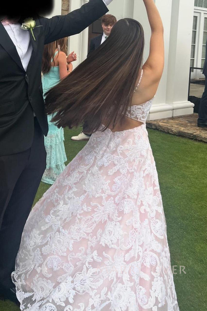 Beautiful White Lace A-line Long Evening Prom Dresses, V-neck Wedding Dress, MR0141