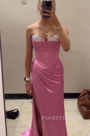 Sweetheart Side Slit Beaded Satin Mermaid Long Evening Prom Dresses, MR0143