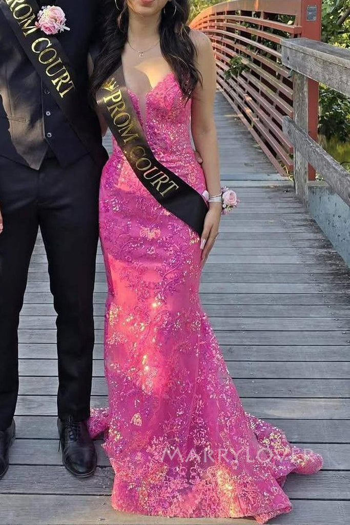 Unique Pink Lace V-neck Long Evening Prom Dresses, Mermaid Prom Dress, MR0147