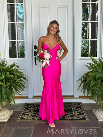 Elegant Backless Pink Mermaid V-neck Long Evening Prom Dresses, MR0148
