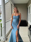 Simple Spaghetti Straps Blue Mermaid Side Slit Long Evening Prom Dresses, MR0152