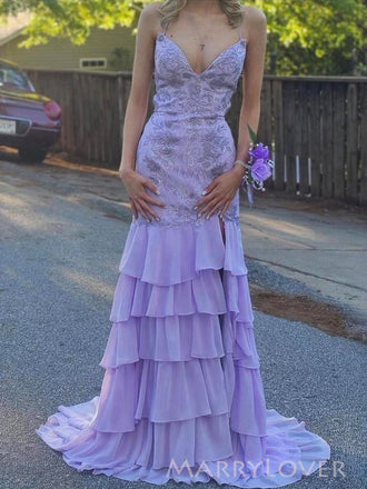 Elegant Purple Chiffon Appliques V-neck Long Evening Prom Dresses, Mermaid Prom Dress, MR0155