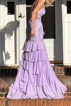 Elegant Purple Chiffon Appliques V-neck Long Evening Prom Dresses, Mermaid Prom Dress, MR0155