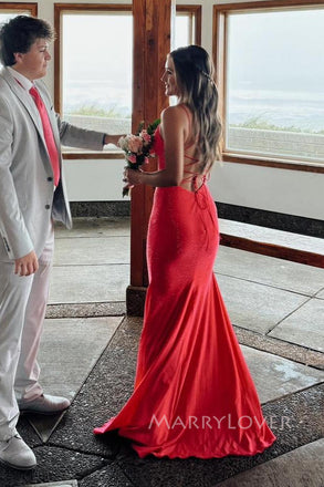 Red V-neck Mermaid Spaghetti Straps Long Evening Prom Dresses, Sparkly Prom Dress, MR0156