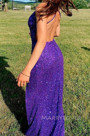 Formal V-neck Purple Sequins Long Evening Prom Dresses, Mermaid High Slit Prom Dress, MR0158