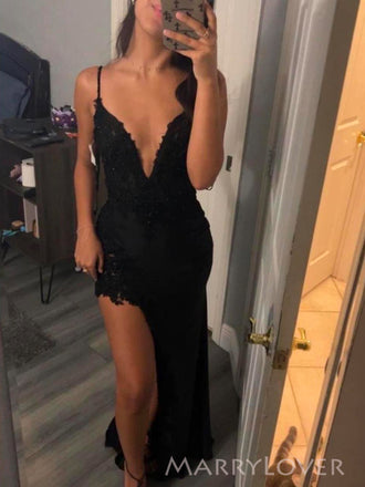 Sexy Black Appliques Mermaid Long Evening Prom Dresses, Deep V-neck Prom Dress, MR0160