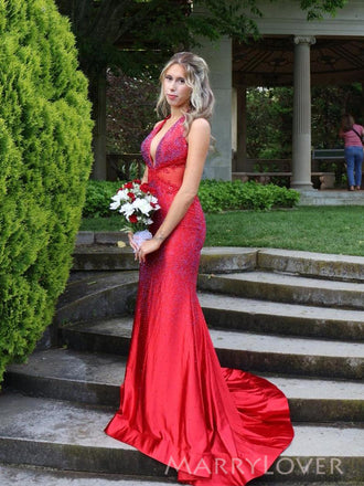 Mermaid Halter Red Sparkly Long Evening Prom Dresses, Mermaid Prom Dress, MR0162