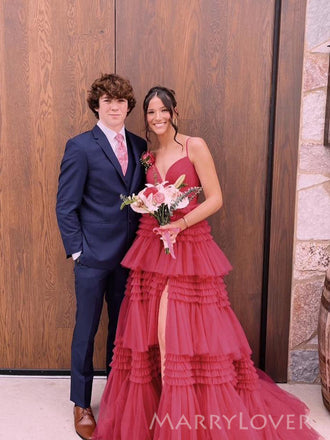 Formal A-line Tulle Spaghetti Straps V-neck Long Evening Prom Dresses, MR0163