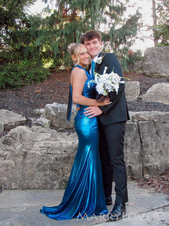 Sheath Blue Mermaid V-neck Long Evening Prom Dresses, MR0169