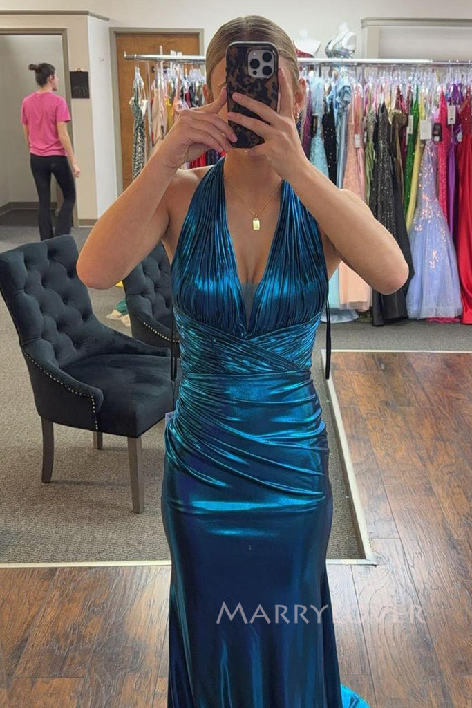 Sheath Blue Mermaid V-neck Long Evening Prom Dresses, MR0169