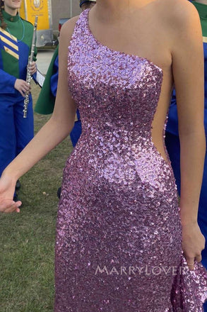 Purple Sequins Mermaid One Shoulder Long Evening Prom Dresses, MR0174