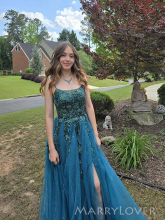 Blue Tulle Appliques Spaghetti Straps Side Slit Long Evening Prom Dresses A-line, MR0175