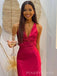 Red Satin Mermaid V-neck Backless Long Evening Prom Dresses, MR0177